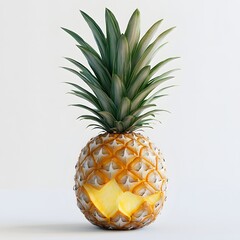Poster - Close-up of a single, partially peeled pineapple, set against a clean white backdrop. The vibrant colors and textures are emphasized. A Partially Peeled Pineapple Isolated on a white background.