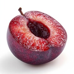 Poster - Close-up of a halved ripe red plum, showcasing its juicy flesh and vibrant color. A perfect image for food blogs, culinary websites etc. A Juicy Plum Half Isolated on a white background.