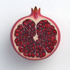 Poster - A close-up shot of a halved pomegranate, showcasing its vibrant red arils. The image is clean and simple, highlighting the fruit's juicy texture and detail. Sliced Pomegranate on a white background.