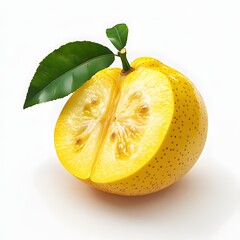 Poster - A vibrant image of a halved yellow fruit, showcasing its juicy interior and a fresh green leaf. Sliced Quince Fruit Isolated on a white background.