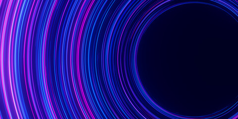 Poster - Circular data light speed flow. Abstract round digital data stream of quantum computing. Cyberspace of qubit trail waves with DOF. Modern tech information transmission.