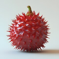 Poster - Macro shot of a single Rambutan Fruit, vibrant red, spiky fruit against a plain background. The showcases the fruit's intricate texture and details. Rambutan Fruit Isolated on a white background.