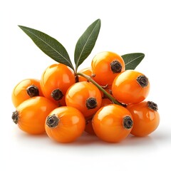 Poster - Close-up of a bunch of bright orange sea buckthorn berries with green leaves on a white background. Ripe Sea Buckthorn Berries with Leaves Isolated on a white background.