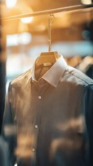 Aufkleber - A shirt hangs on a clothes rack in a retail store setting.