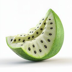 Poster - 3D rendered image of a Soursop Fruit slice. Green, juicy, and full of seeds. Soursop Fruit Isolated on a white background. A visually appealing 3D render of a vibrant green Soursop Fruit