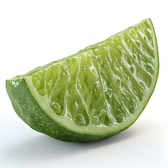 Poster - Close-up of a single lime wedge, highlighting its texture and juicy segments. Perfect for recipes, drinks, or health-related projects. Isolated on a white background. A vibrant juicy lime wedge