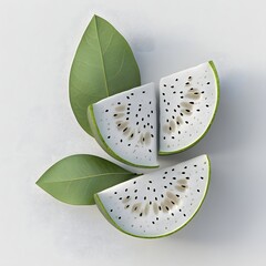 Poster - Image of three cherimoya slices arranged artfully with vibrant green leaves on a pristine white background. Isolated on a white background. Three Slices of Cherimoya with Lush Green Leaves