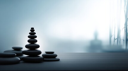 Poster - A stack of rocks positioned on a table representing balance and strategy in a soft and harmonious setting