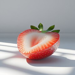 Poster - Close-up of a halved strawberry, showcasing its vibrant red color and juicy texture. A clean, bright background enhances the image. Sliced Strawberries Isolated on a white background.