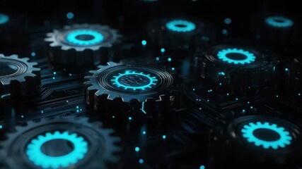 Poster - Futuristic Technology Background with Interconnected Gears and Glowing Circuit Patterns in a Digital Setting