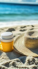 Poster - A straw hat and a jar of sunscreen on a sandy beach, perfect for a day outdoors.