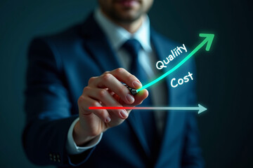 Fototapete - Businessman write down arrow with cost and up arrow with quality for business project management strategy have to control budget cost and improvement quality of product and service concept.