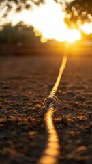 Aufkleber - A close-up shot of a rope buried in the sand, with grains of sand covering its surface.