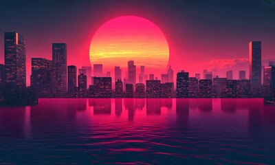 Poster - Futuristic city skyline at vibrant sunset.