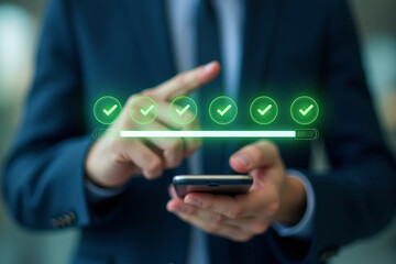 Fototapete - Online survey questionnaire with progress bar for compliance with regulations and service standards. Follow checklist of process steps and improve QA quality assurance. Standardization certification.