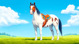 Horse standing in green field under blue sky