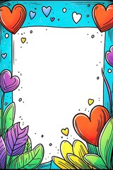 Aufkleber - Colorful hearts & leaves frame on teal background; blank space for text
