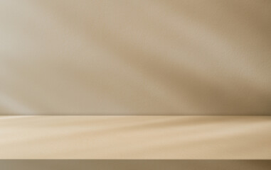 Empty beige wall cement studio background and floor shelf, Brown wall interiors studio backdrop well design display product advertising