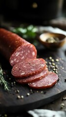 Poster - Freshly sliced sausage served on a cutting board with herbs, perfect for cooking or serving as an appetizer.