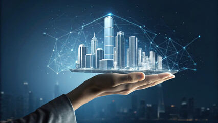Poster - image showcases futuristic cityscape held in hand, symbolizing real estate growth and innovation in urban development
