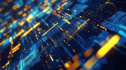 Poster - Futuristic 3D digital background of glowing data streams in blue and orange, symbolizing cyber networks, AI, or data flow. Ideal for tech designs, presentations, and innovation ads