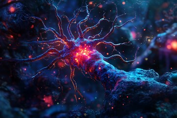 Wall Mural - a vibrant, glowing depiction of a neuron in a digital landscape, showcasing its intricate branches a