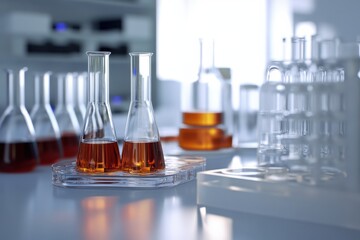Poster - Laboratory setup with glassware containing liquid samples under bright lighting