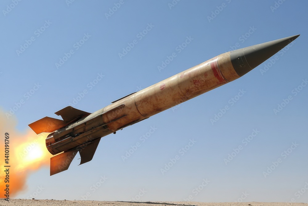 Missile launch during a military exercise in an arid landscape at midday showcases advanced technology and strategic capabilities