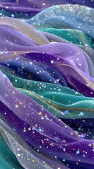 Fototapete - Digital Artwork of a Silk Fabric with Swirling Patterns and Glittering Particles in Shades of Purple and Teal