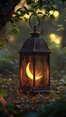 Poster - A lantern featuring a crescent moon-shaped cutout, perfect for use in decorative or atmospheric scenes.