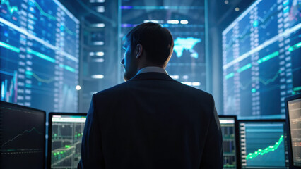 Poster - business professional analyzes data in modern office filled with screens displaying financial graphs and charts