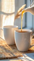 Aufkleber - Two empty coffee cups on a wooden table with no other objects in sight, perfect for a minimalist interior or a morning setup.