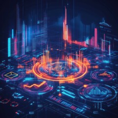 Poster - A vibrant digital cityscape showcasing interconnected data streams and complex information visualizations.