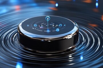 Poster - Water droplet creates ripples in a dark reflective surface with glowing lights