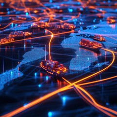 Poster - Globalized cargo transport network visualized through a digital world map.