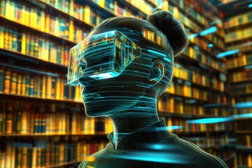 Poster - Virtual reality exploration in a futuristic library setting with digital effects