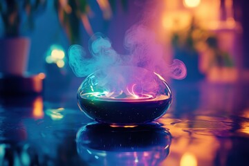 Poster - Colorful vapor rises from a decorative bowl in a dimly lit room