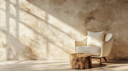 Poster - Fabric lounge chair and wood stump side table against beige stucco wall with copy space.