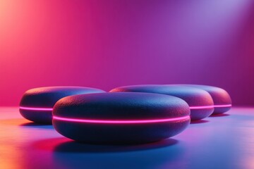 Poster - Striking arrangement of smooth stones illuminated by vibrant neon lights