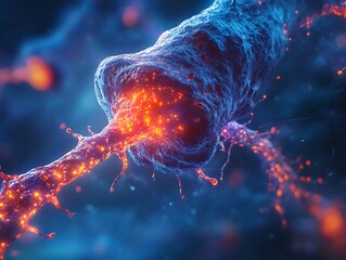 Wall Mural - close-up of a neuron, its glowing synapses standing out against a calm blue background, illustrating