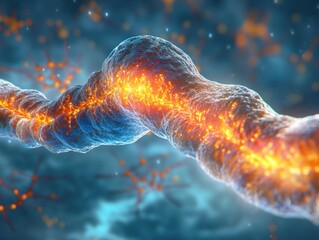 Wall Mural - close-up of a neuron, its glowing synapses standing out against a calm blue background, illustrating