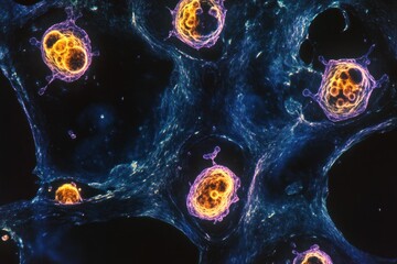 Wall Mural - close-up of cellular division, showing multiple cells undergoing mitosis against a dark background.