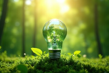 eco-friendly energy solutions illuminating nature with a light bulb in a lush forest environment