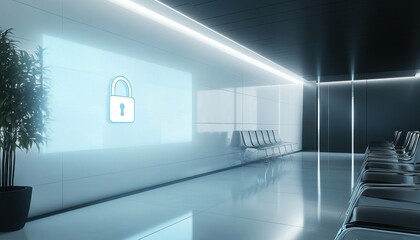 Poster - Cybersecurity Concept: Modern Waiting Room with Digital Lock on Wall Display