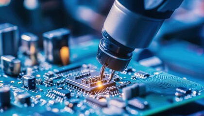 Poster - Precision Probe Station Examining Microchip Components on Motherboard Surface
