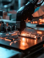 Poster - Robotic arm precisely assembling electronic components on a circuit board