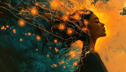 Poster - Woman bathed in light, digital connectivity flows through her with dreamy aura