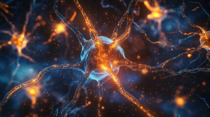 Wall Mural - detailed illustration of a neuron, focusing on its unique shape and glowing connections in the brain