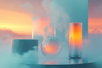 Poster - Colorful glass objects illuminated by sunset glow in a misty atmosphere