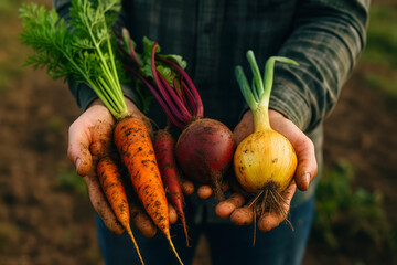 Poster - Hands hold freshly harvested vegetables including carrots, beets, and onions in a farm setting during daylight
